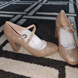 City Classified Gold Glitter Mary Jane Heels